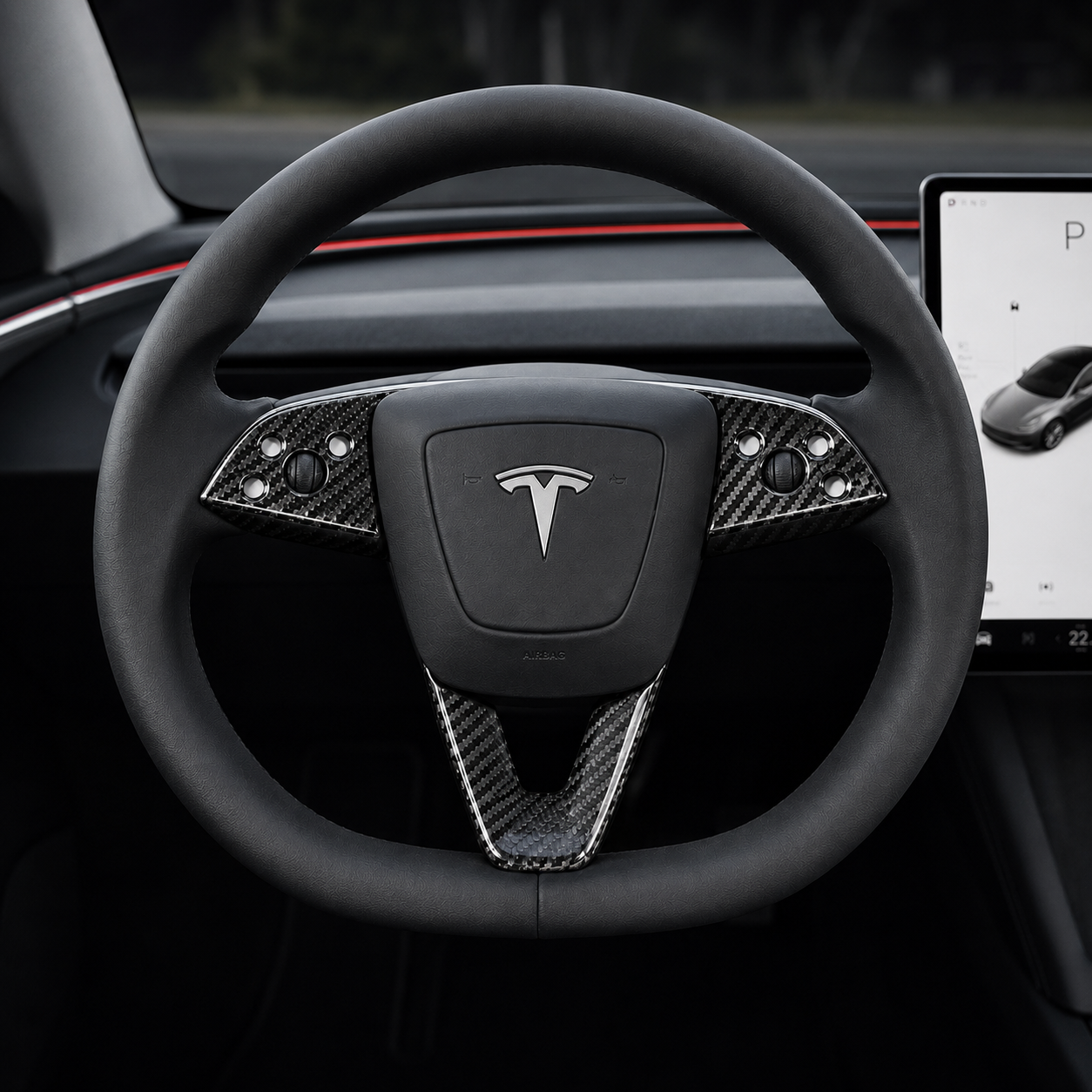 Carbon fiber steering wheel overlay designed for Tesla Model 3 Highland